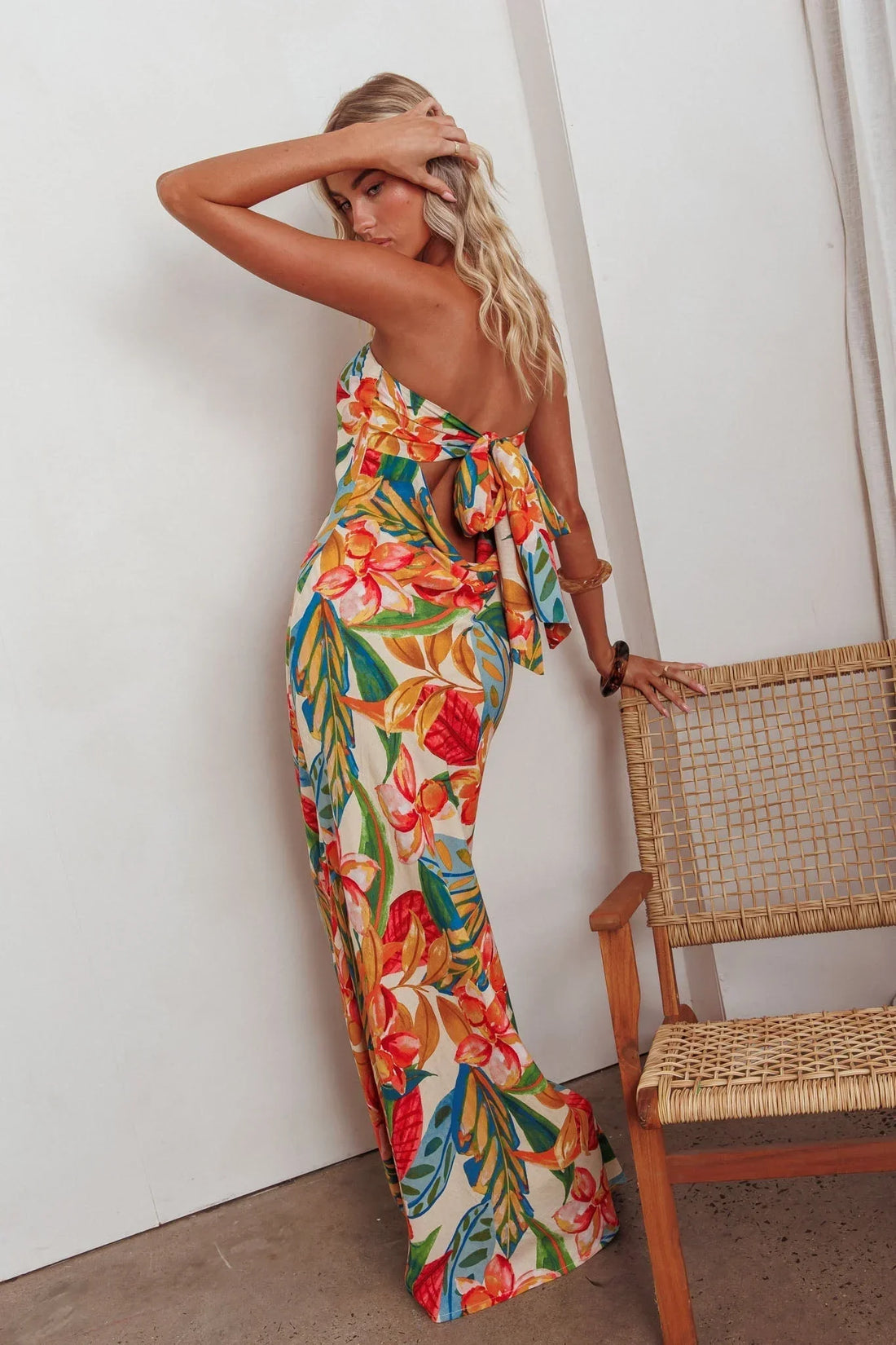 Bird Of Paradise Tied Cowl Back Maxi Dress Botanical