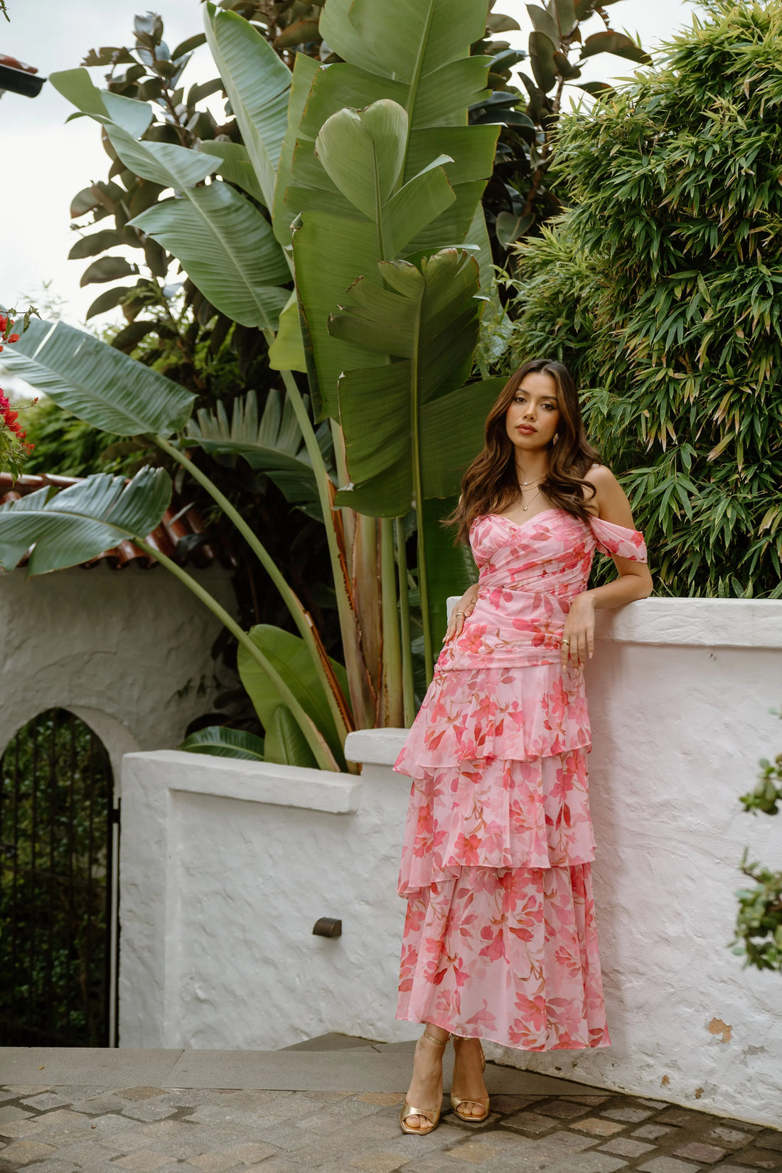 Jenna Drop Shoulder Pink Floral Maxi Dress
