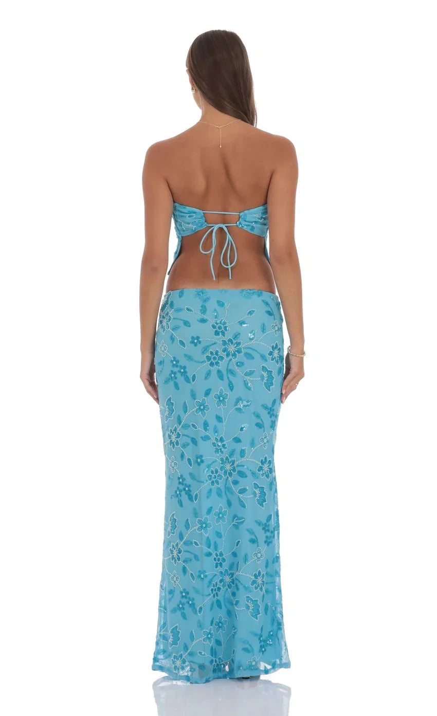 Sequin Beaded Floral Maxi Skirt in Aqua Blue