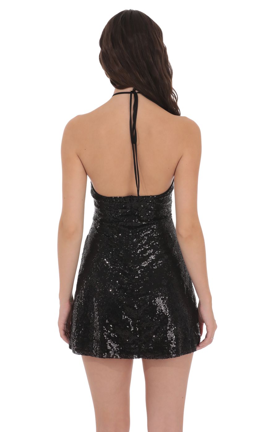 Sequin Florette Halter Dress in Black