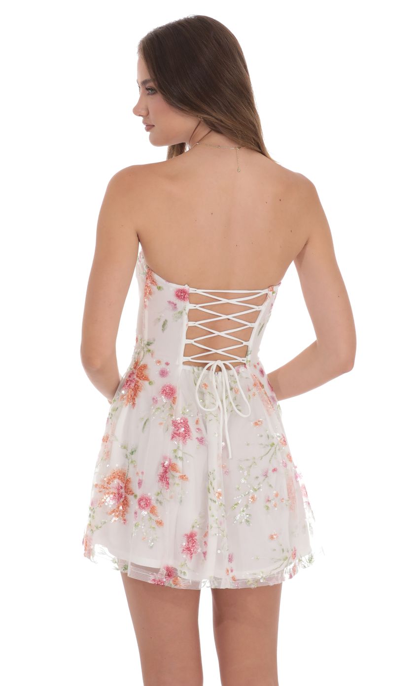 Sequin Floral Strapless Dress in White