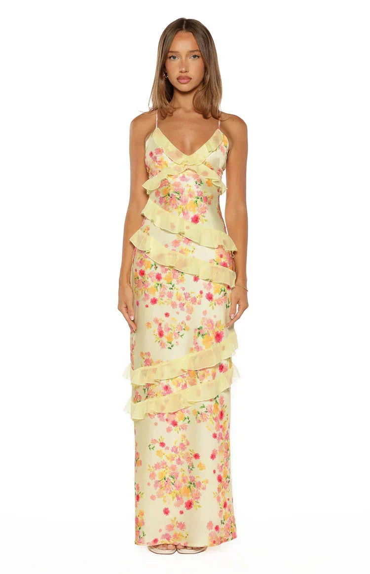 Inara Yellow Bloom Ruffle Maxi Dress