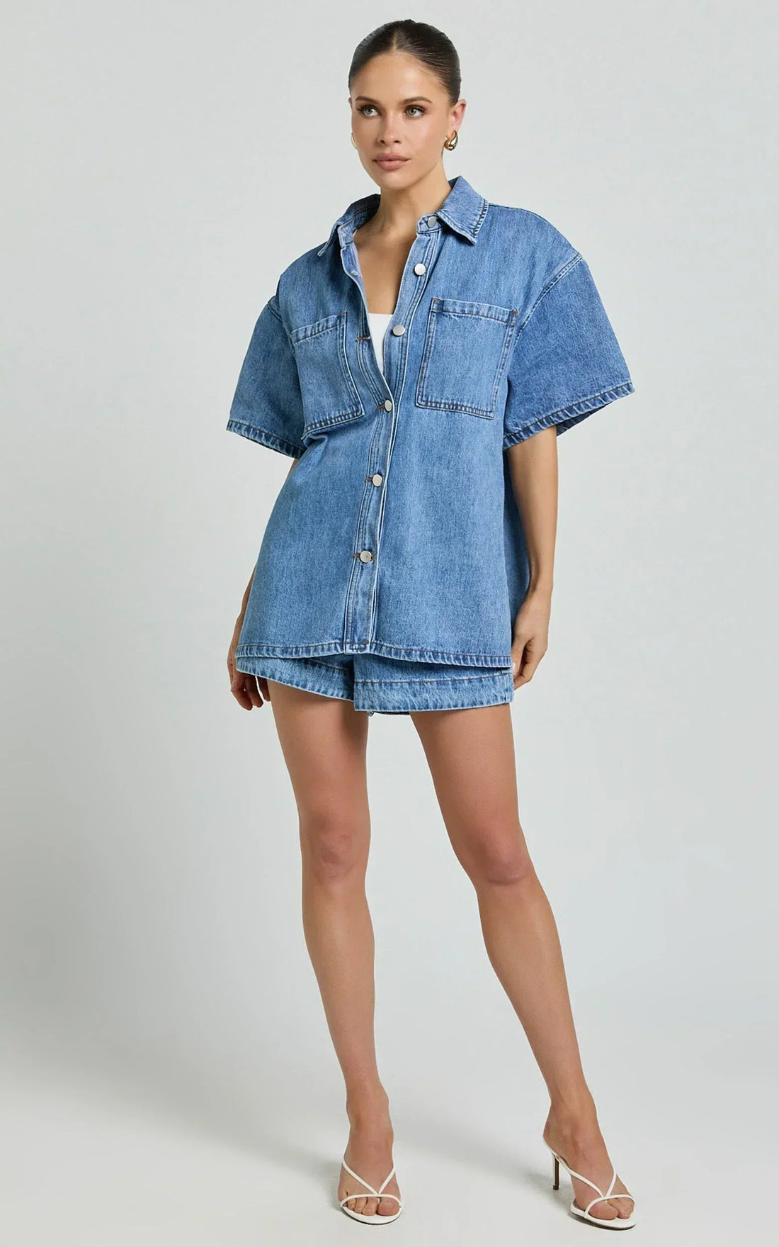 Rhianna Top - Oversized Recycled Denim Short Sleeve Shirt in Mid Blue Wash