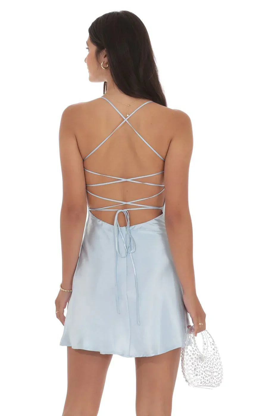 Satin Sequin Bust Dress in Light Blue