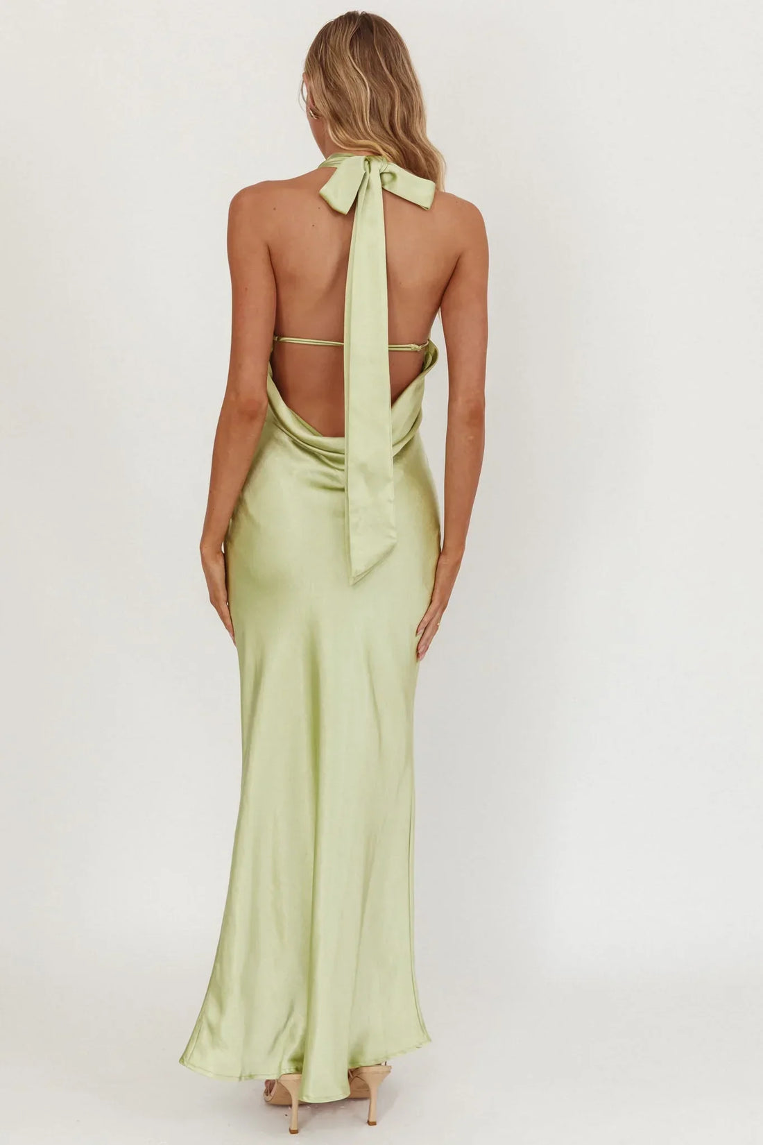 Italia Azure Crossover Halterneck Maxi Dress Pistachio