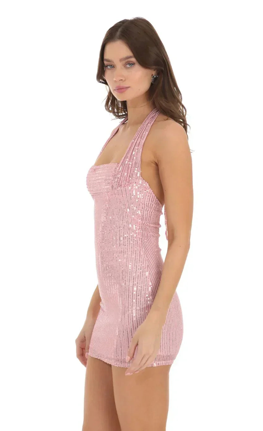 Sequin Halter Dress in Pink