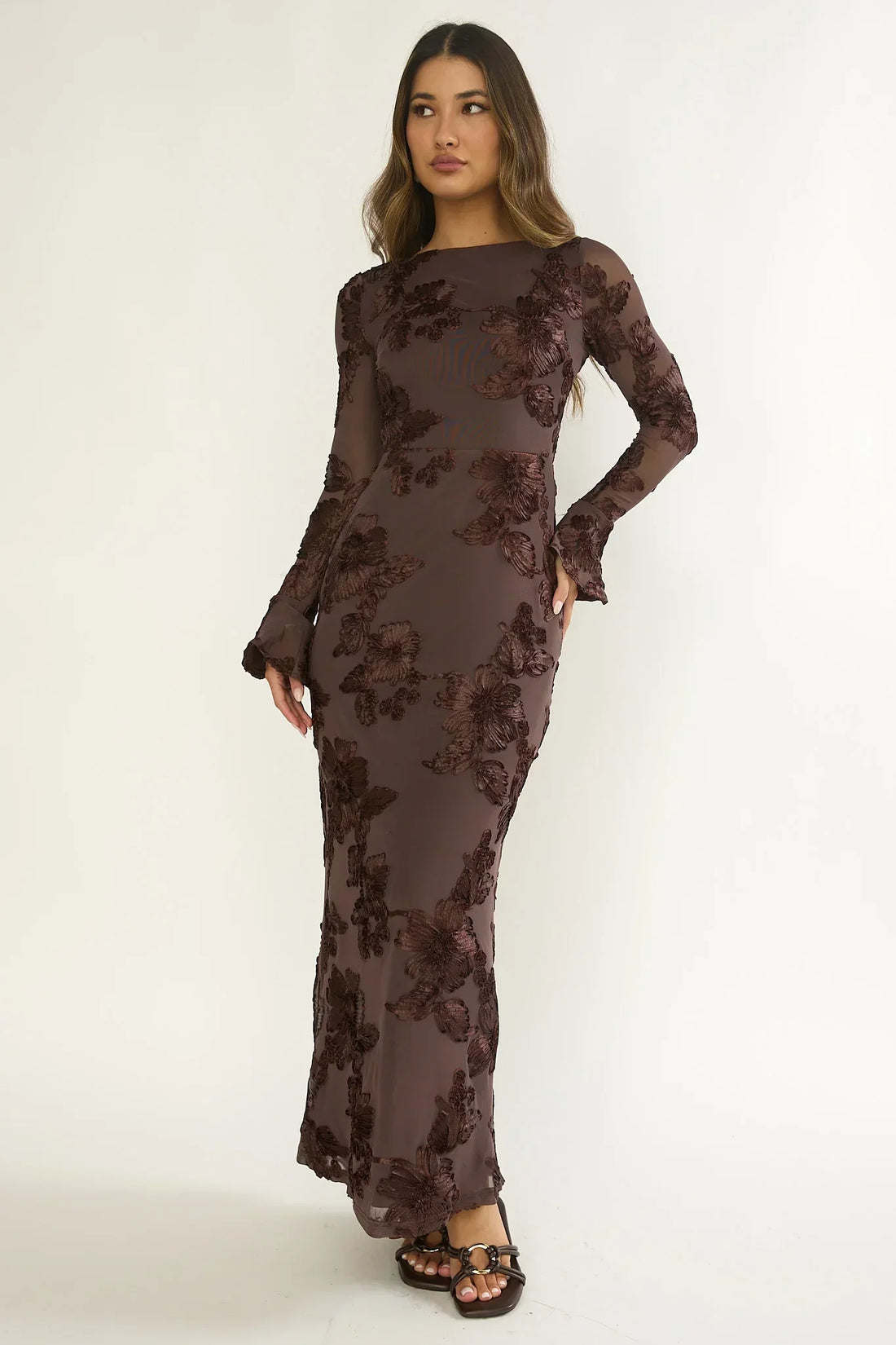 Helsi Long Sleeve Embellished Maxi Dress Brown
