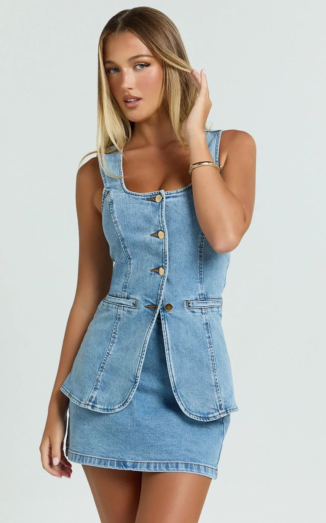 Raquel Top - Denim Scoop Neck Button Down Vest in Mid Blue Wash