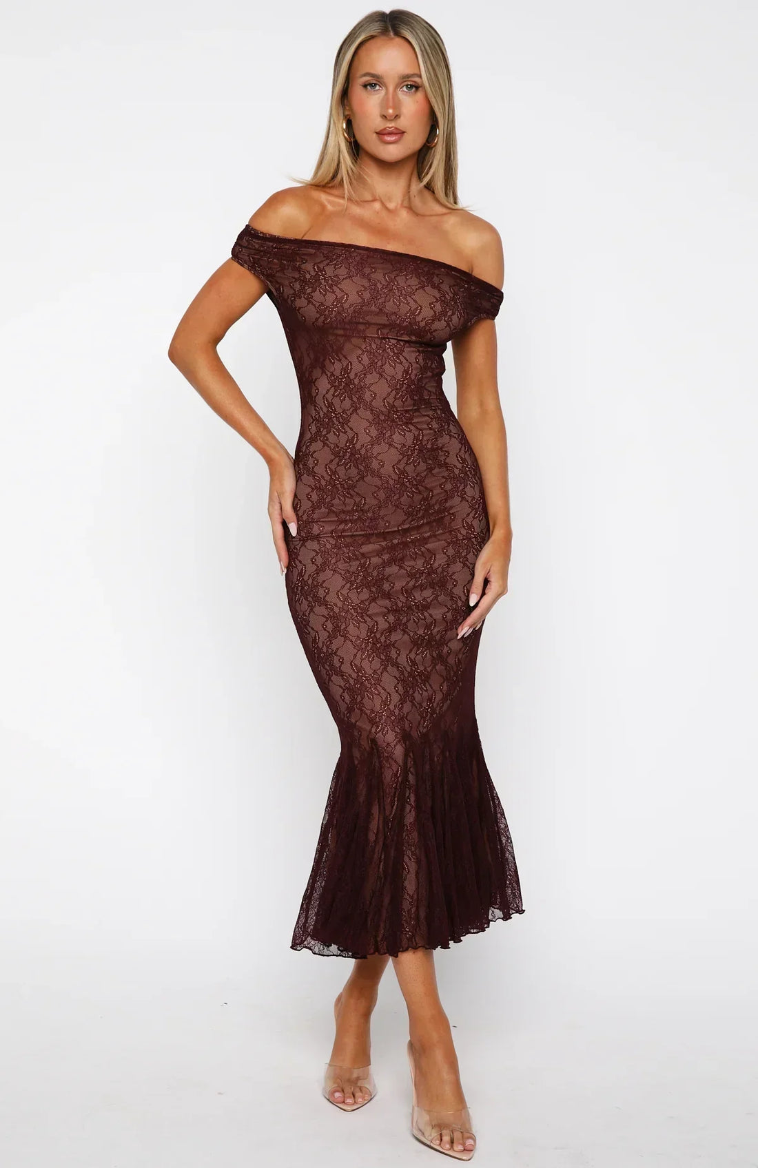 Defied The Odds Off Shoulder Lace Maxi Dress Wine