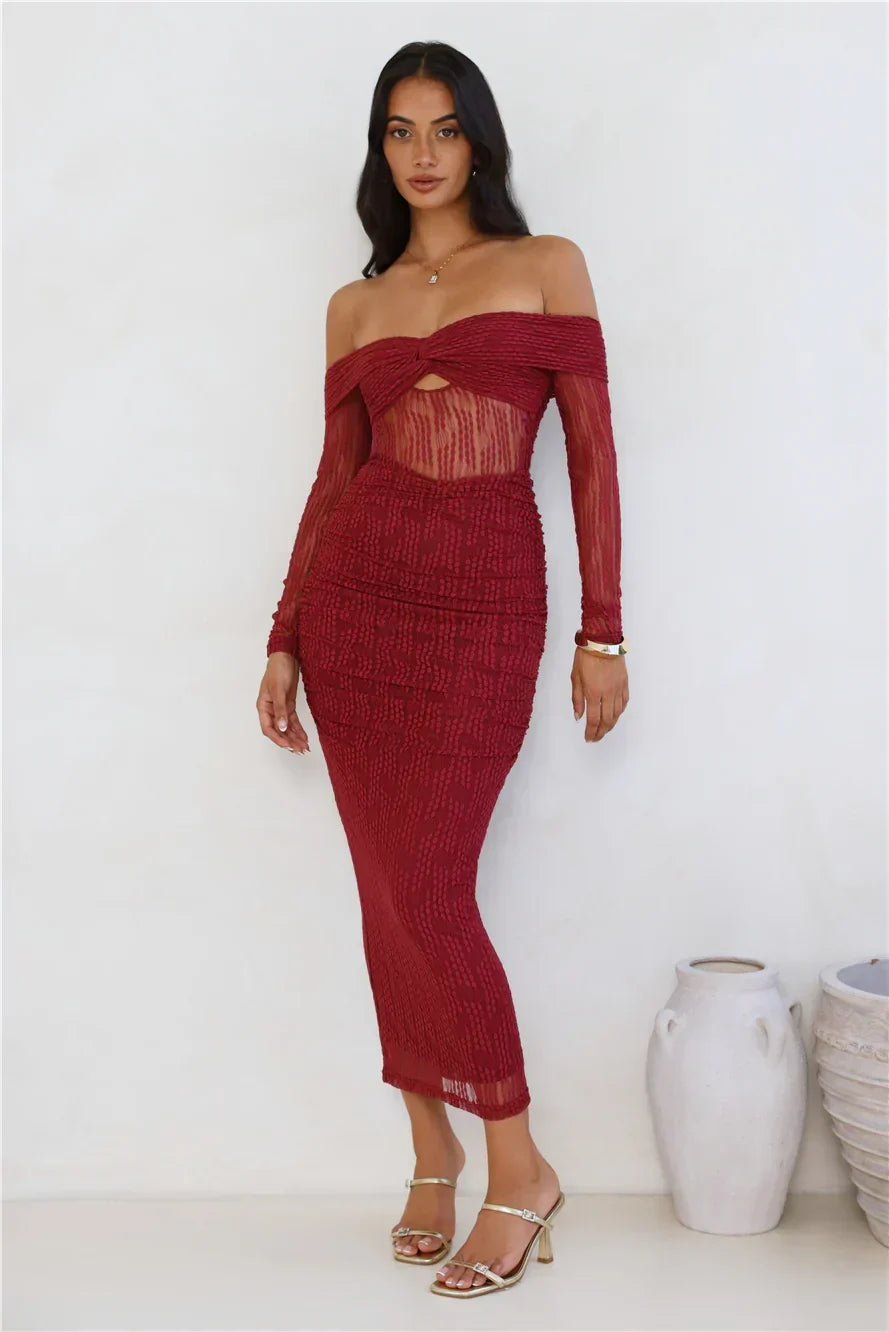 Raegan Mesh Midi Dress Burgundy