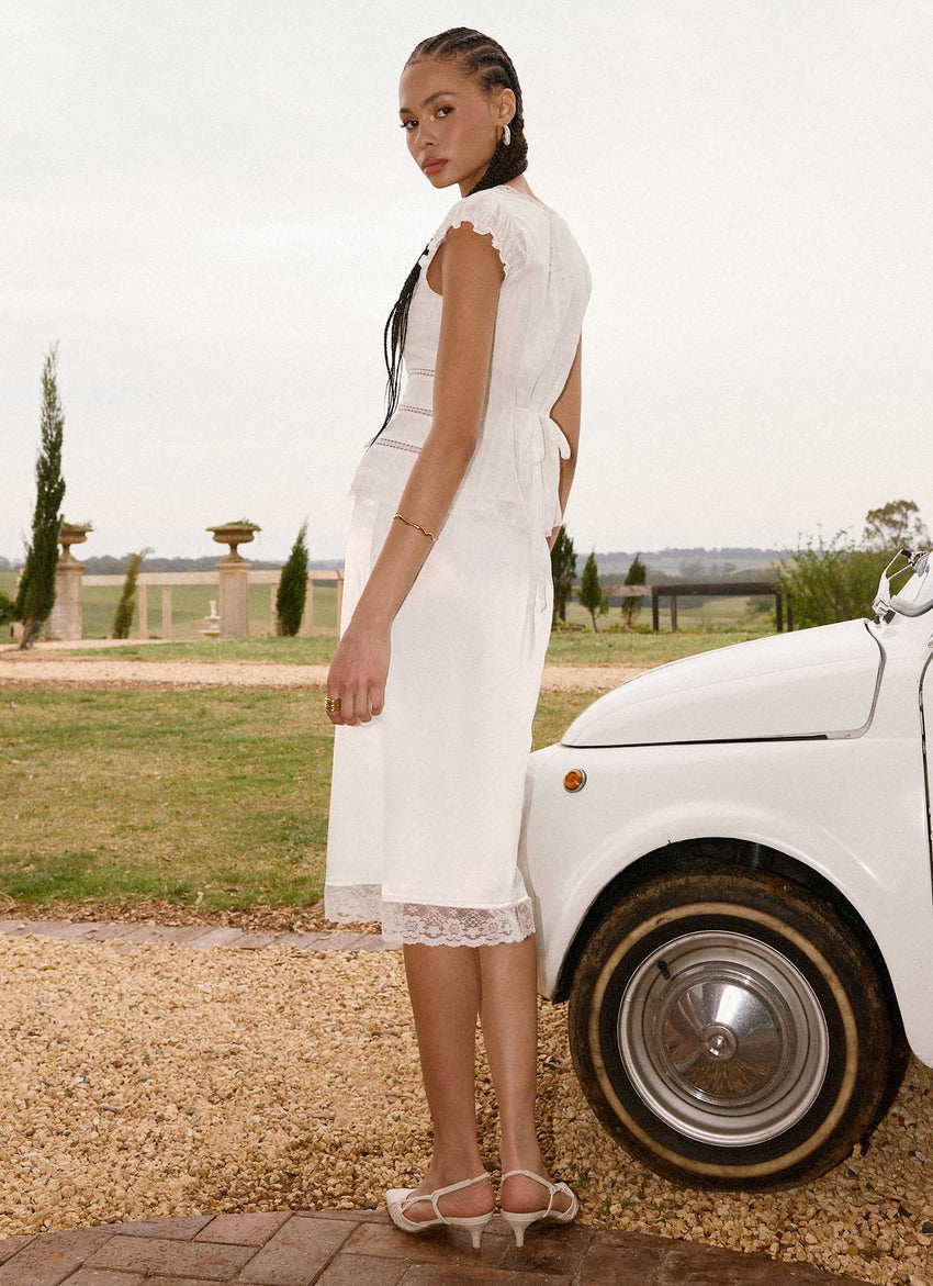 Rina Low Rise Satin Midi Skirt - White