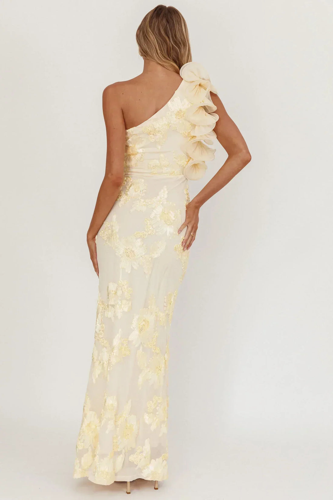 Deanna One-Shoulder Ruffle Maxi Dress Floral Texture Yellow