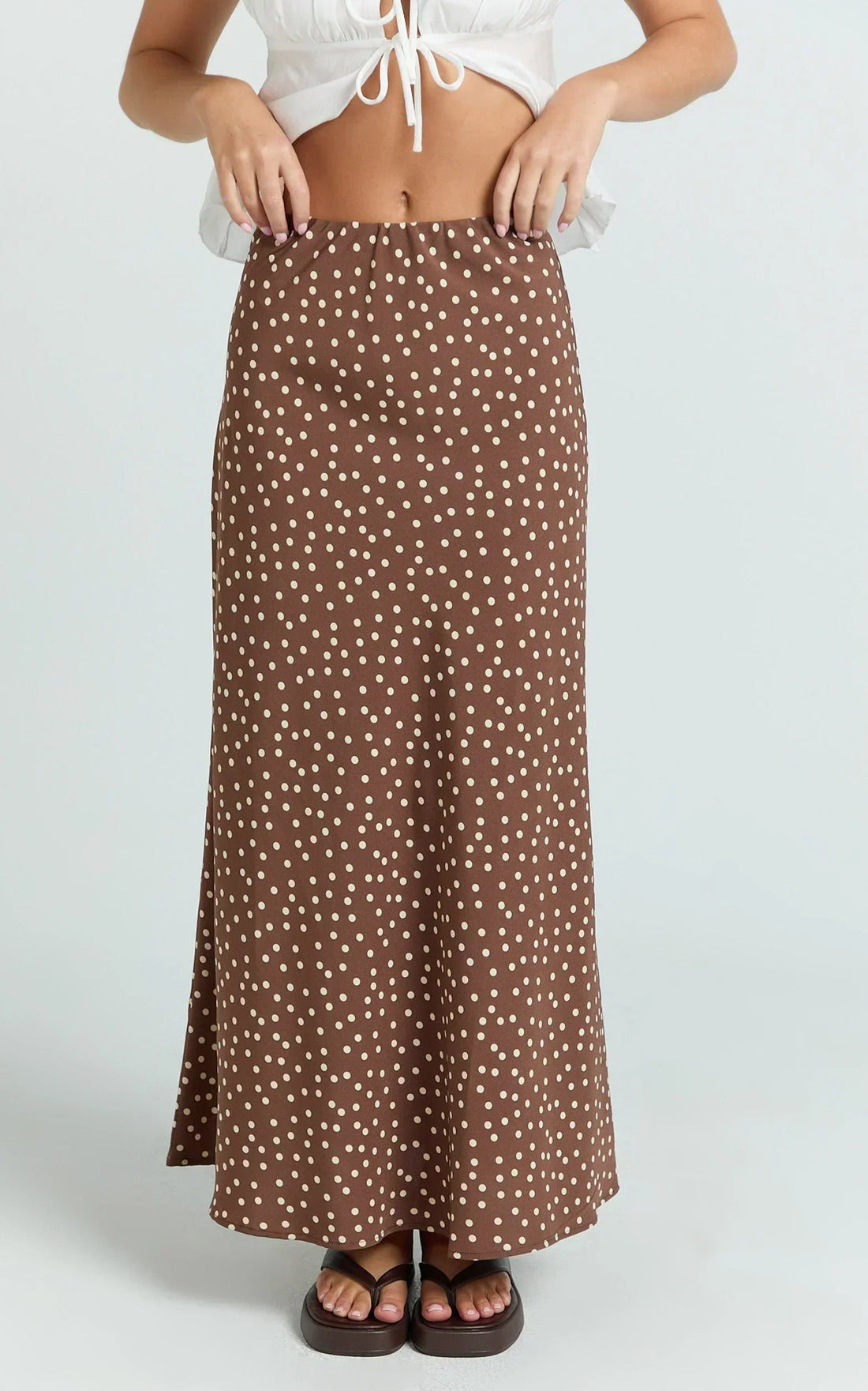 Ruby Maxi Skirt - High Waisted Bias Cut Skirt in Chocolate Polka Dot