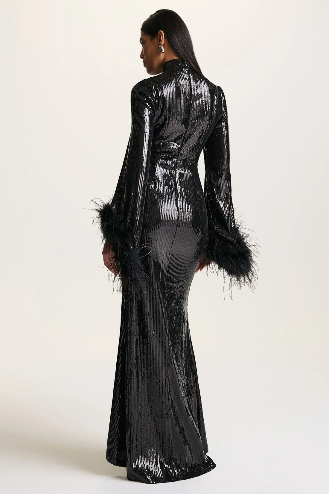 Cosmic Star | Black Sequin High-Neck Maxi Dress With Feather Cuffs