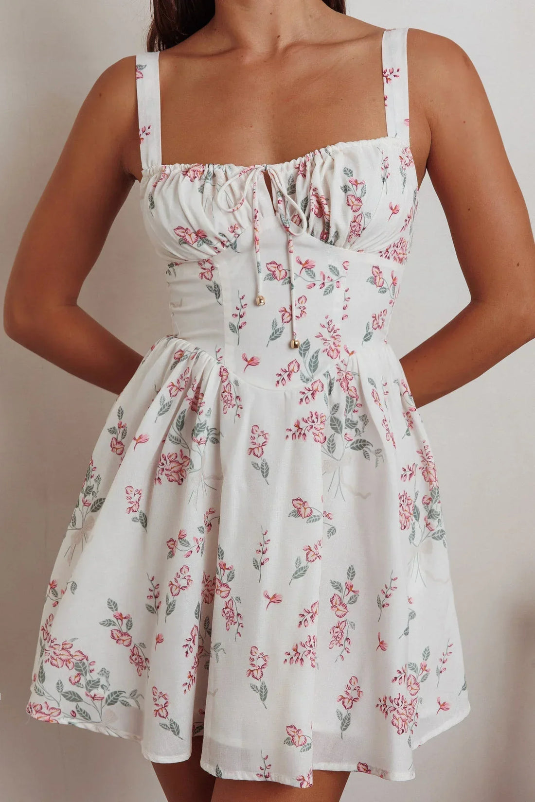 Seen The Light Tie Bust Mini Dress Floral Cream