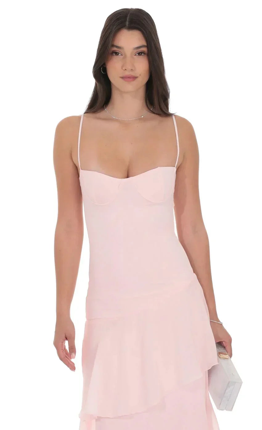 Long Ruffle Maxi Dress in Pastel Pink