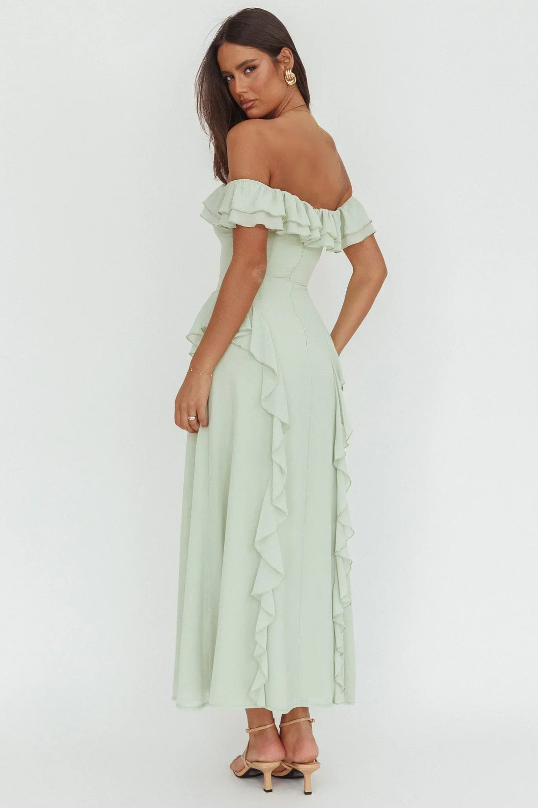 Scarlet Off-Shoulder Ruffle Trim Maxi Dress Sage