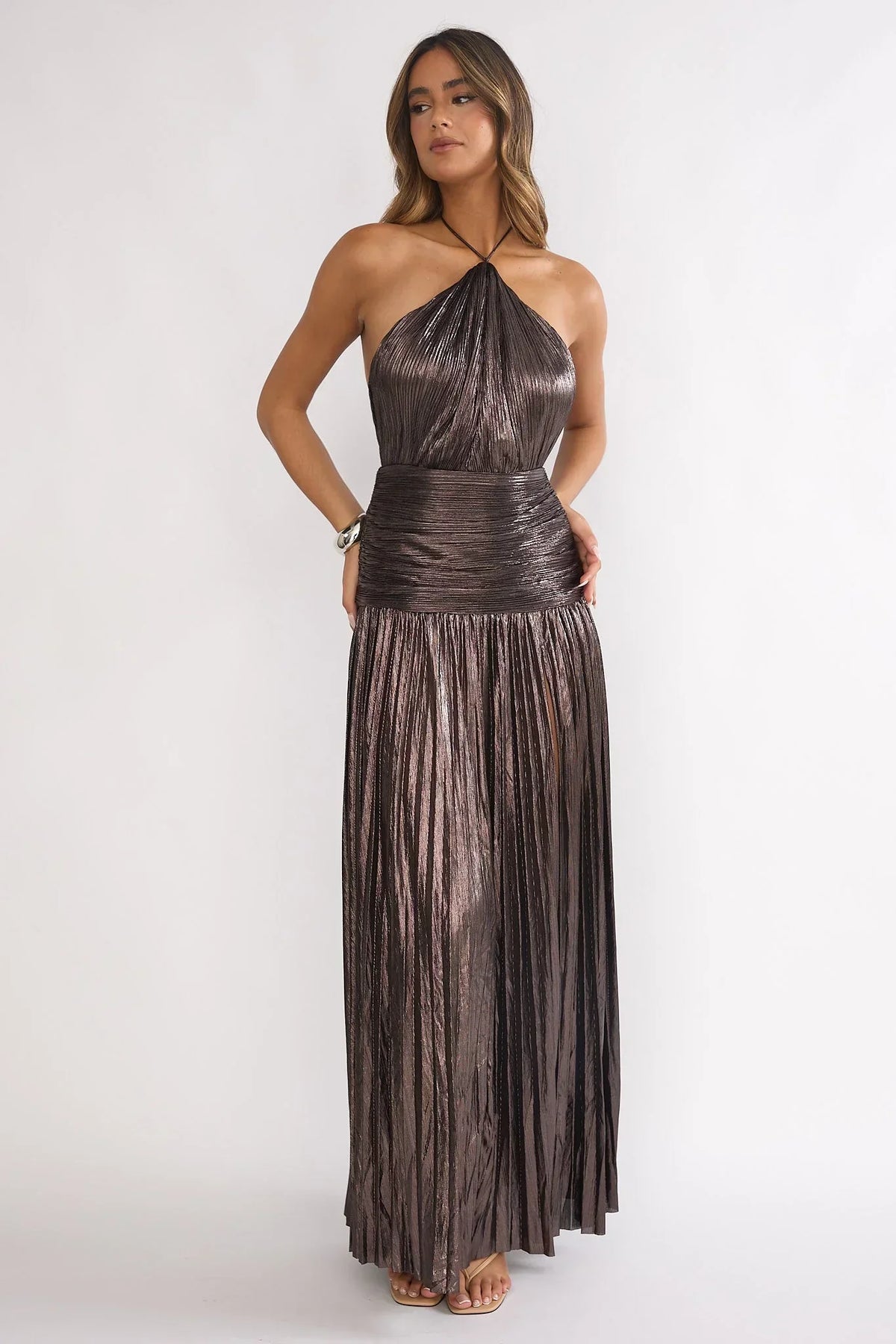 Ahmara Drop Waist Accordion Pleat Maxi Dress Gunmetal